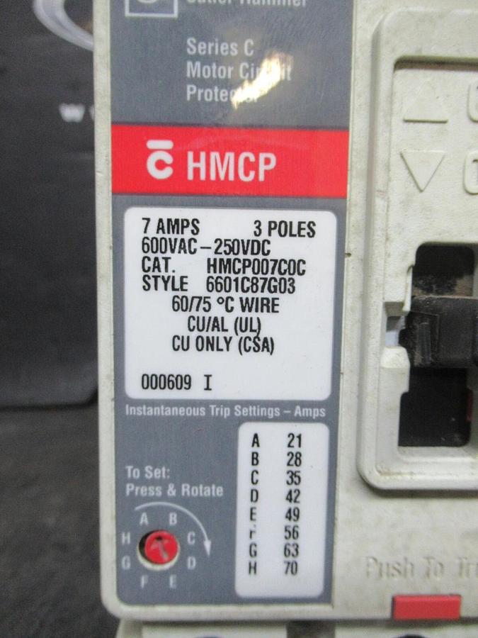 Used CUTLER HAMMER BREAKER HMCP007COC 7 AMP 3-POLE 600 VAC 250 VDC W/ LUGS