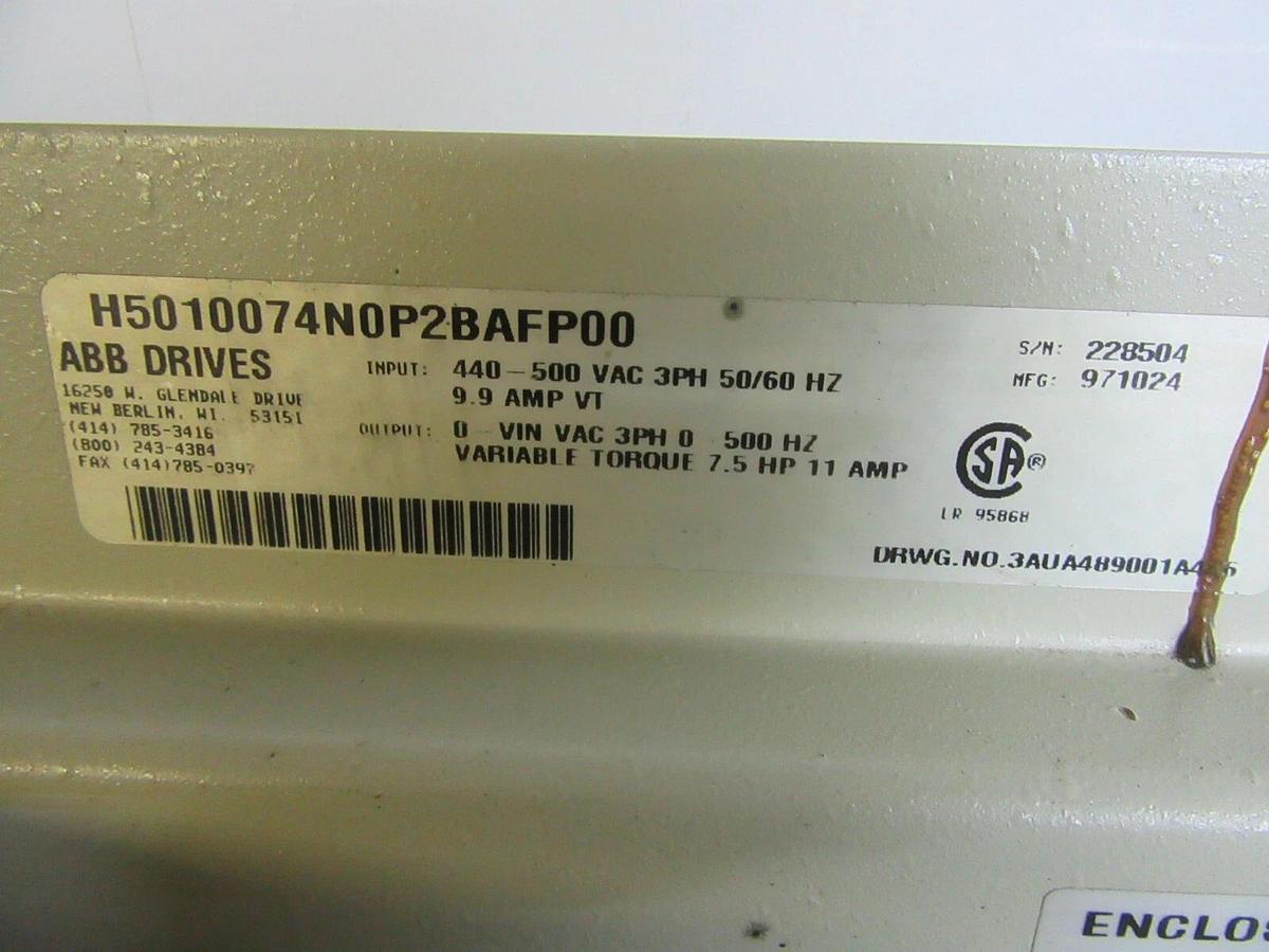 Used ABB VARIABLE SPEED DRIVE H5010074N0P2BAFP00 480 VAC 7.5 HP 3-PHASE ACH-500
