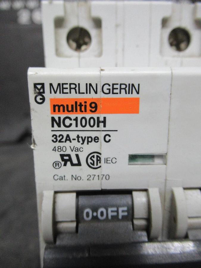 Used MERLIN GERIN THREE POLE BREAKER 27170 MULTI 9 NC100H 32A-TYPE C 480 VAC