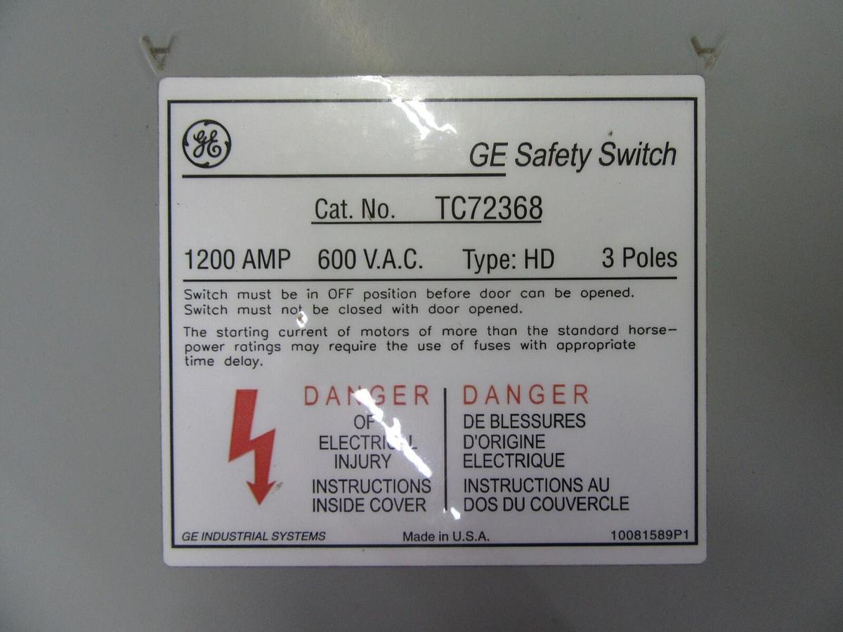 Used GE 1200 AMP HEAVY DUTY FUSIBLE SAFETY SWITCH 600 / 480 VAC CAT# TC72368R NEMA 3R