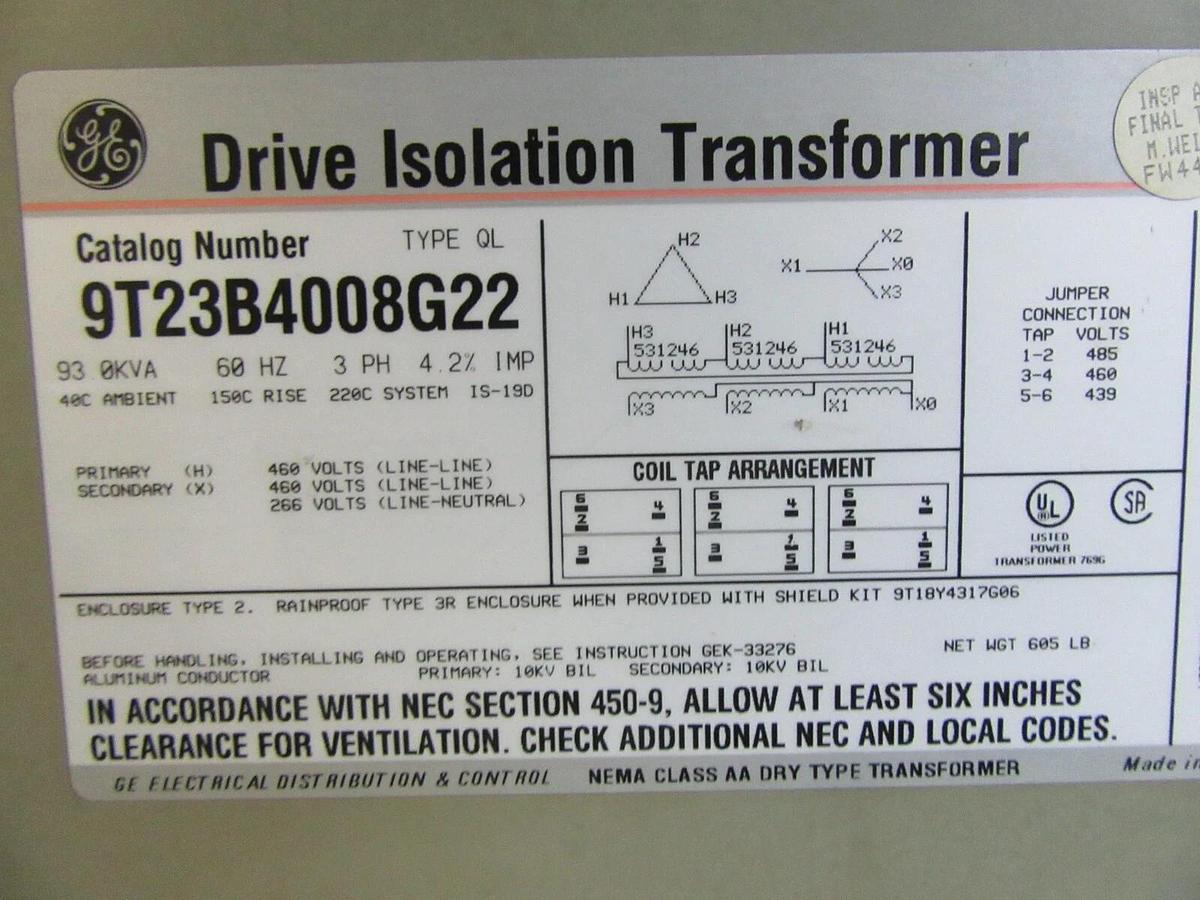 Used GE TRANSFORMER 9T23B4008G22 93 KVA 3-PHASE PRI: 460 VOLT SEC: 460/266 VOLT
