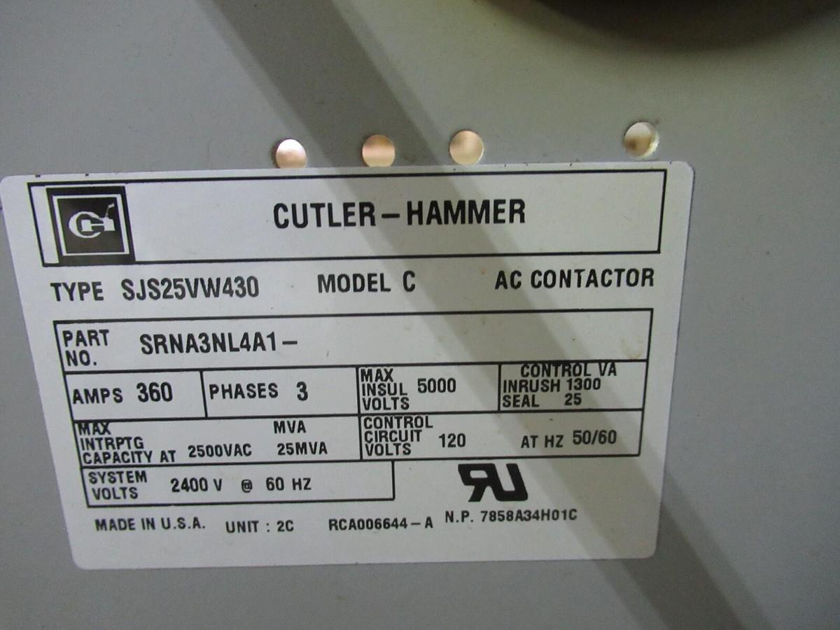 Used CUTLER-HAMMER AC CONTACTOR SRNA3NL4A1 SJS32VW430 360 AMP MODEL C 3-PHASE 5000 V