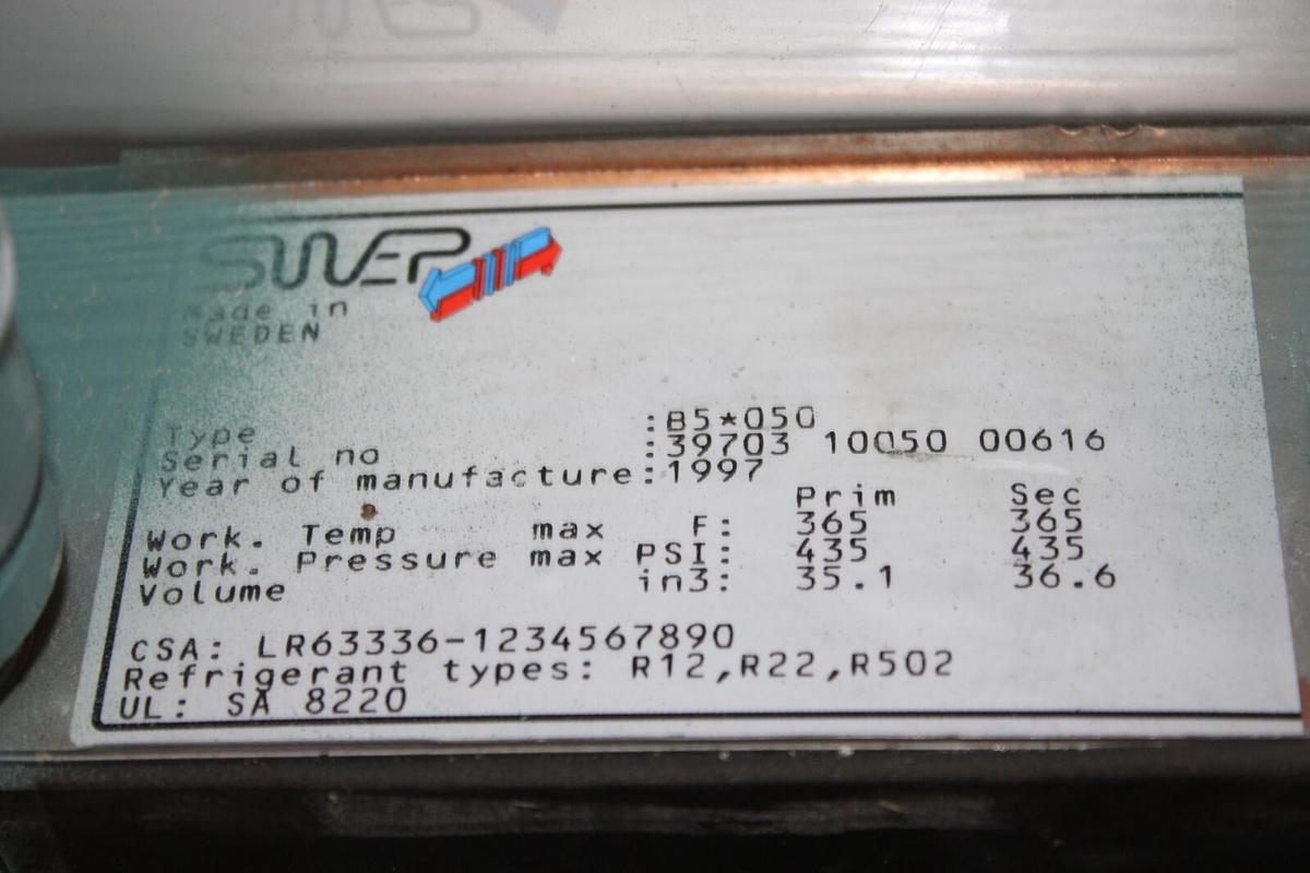 Used SWEP HEAT EXCHANGER B5*050 MAX TEMP: 365F 435 PSI