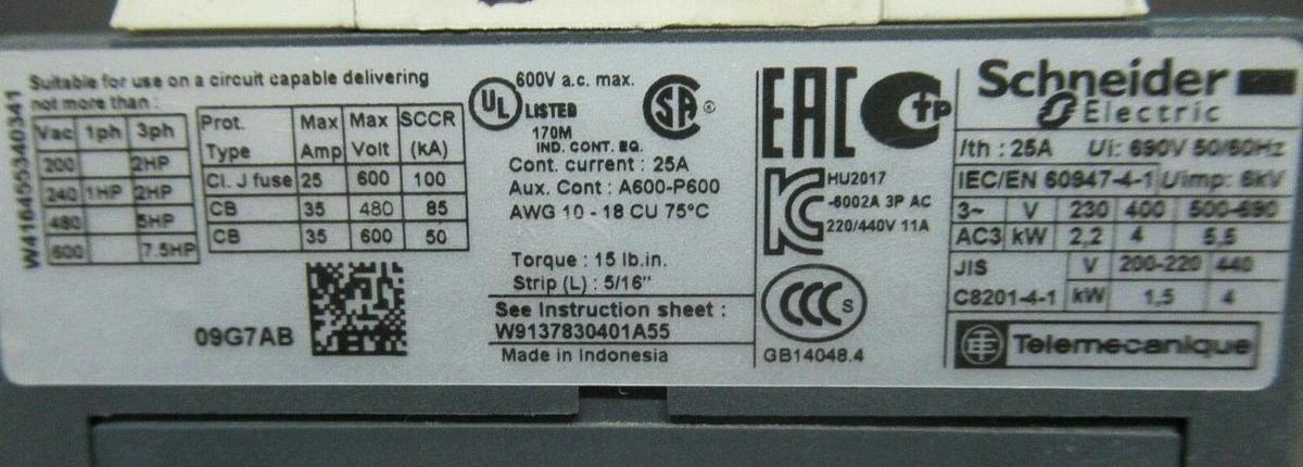 Used SCHNEIDER CONTACTOR LC1D09 25 AMP 600 VAC 3 POLE 7.5 HP COIL: G7 120 VAC
