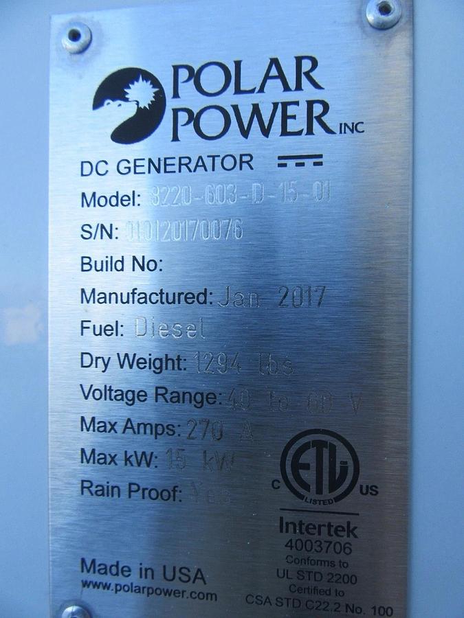 Used POLAR POWER 15KW DC GENERATOR DIESEL YANMAR 3TNV88 40-60V DC 105 HRS 2017 *VIDEO