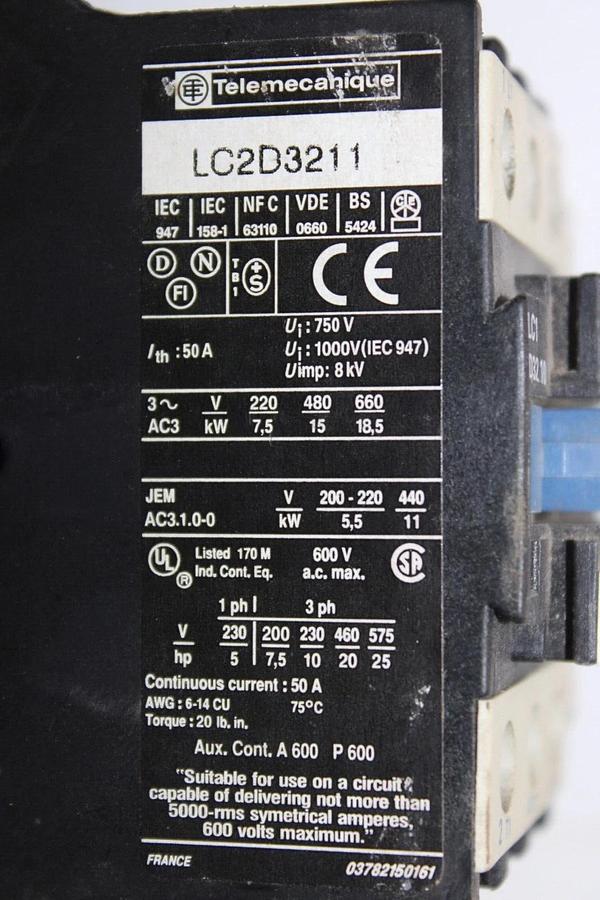 Used TELEMECANIQUE CONTACTOR LC2D3211 LC1D3210 50 AMP 600 VAC 3-POLE COIL: 120V