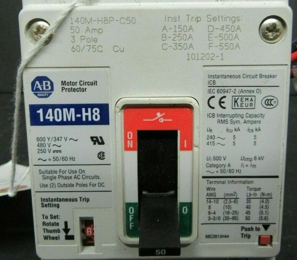 Used 50 AMP ALLEN BRADLEY BREAKER 140M-H8P-C50 3 POLE 600 VAC **WARRANTY INCLUDED**