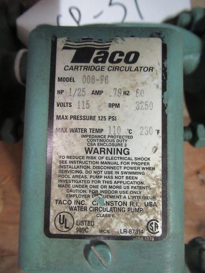 Used TACO CENTRIFUGAL PUMP 008-F6 1/25HP 3250RPM 115V 0.79A **WARRANTY INCLUDED**