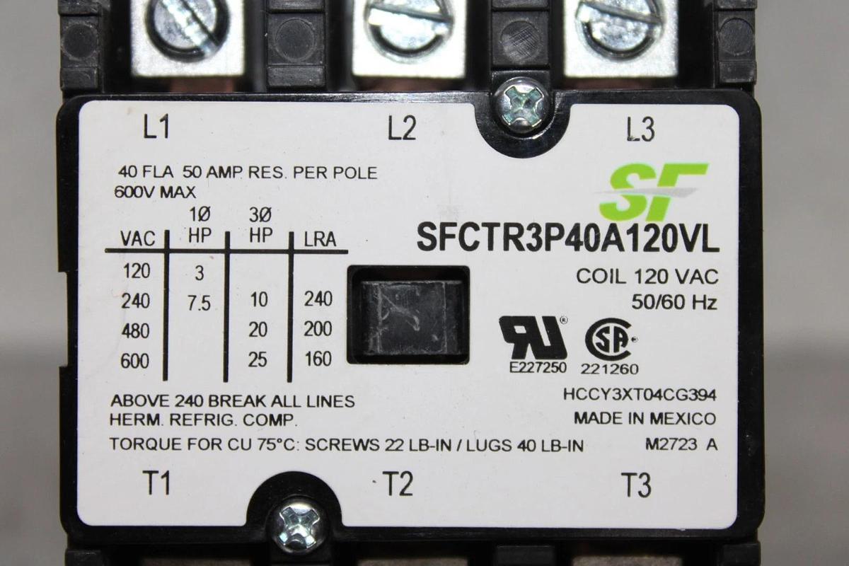 Used SF CONTACTOR SFCTR3P40A120VL 40 AMP 600 VAC 3-POLE 25 HP COIL: 120 VAC