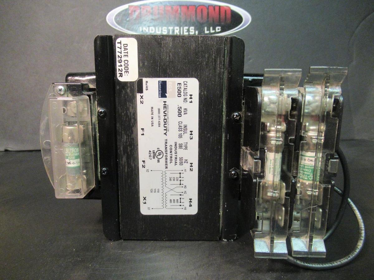Used GENERAL SIGNAL HEVI-DUTY TRANSFORMER E500 0.5 KVA 240/480 VAC 60 HZ