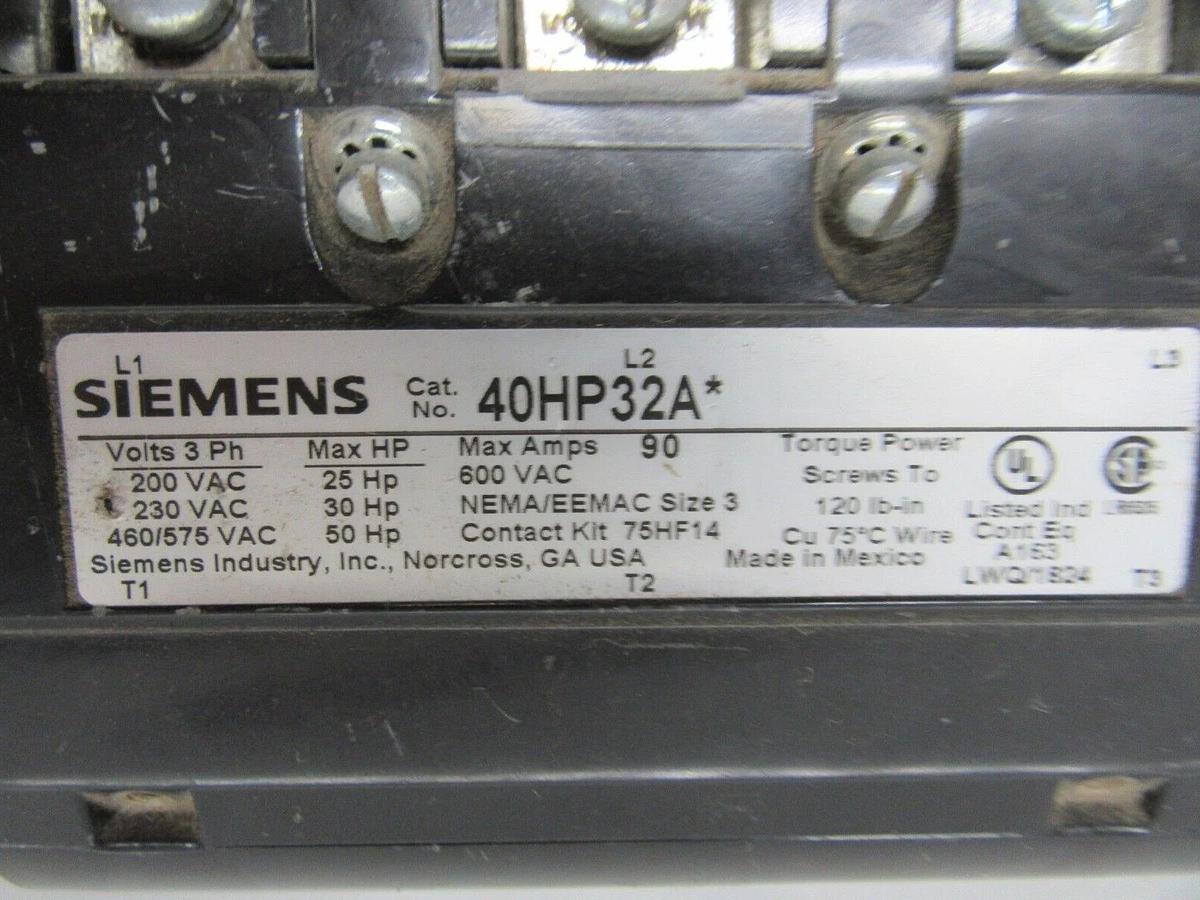 Used SIEMENS CONTACTOR 40HP32A* 600 VAC 90 AMP NEMA 3 3-POLE COIL: 120 VAC