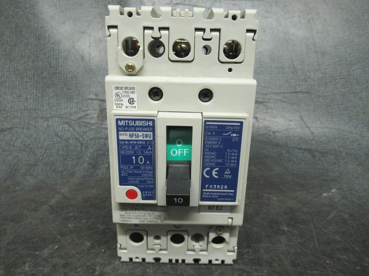 Used MITSUBISHI BREAKER NO-FUSE NF50-SWU3 3-POLE 240V 10A **WARRANTY INCLUDED**