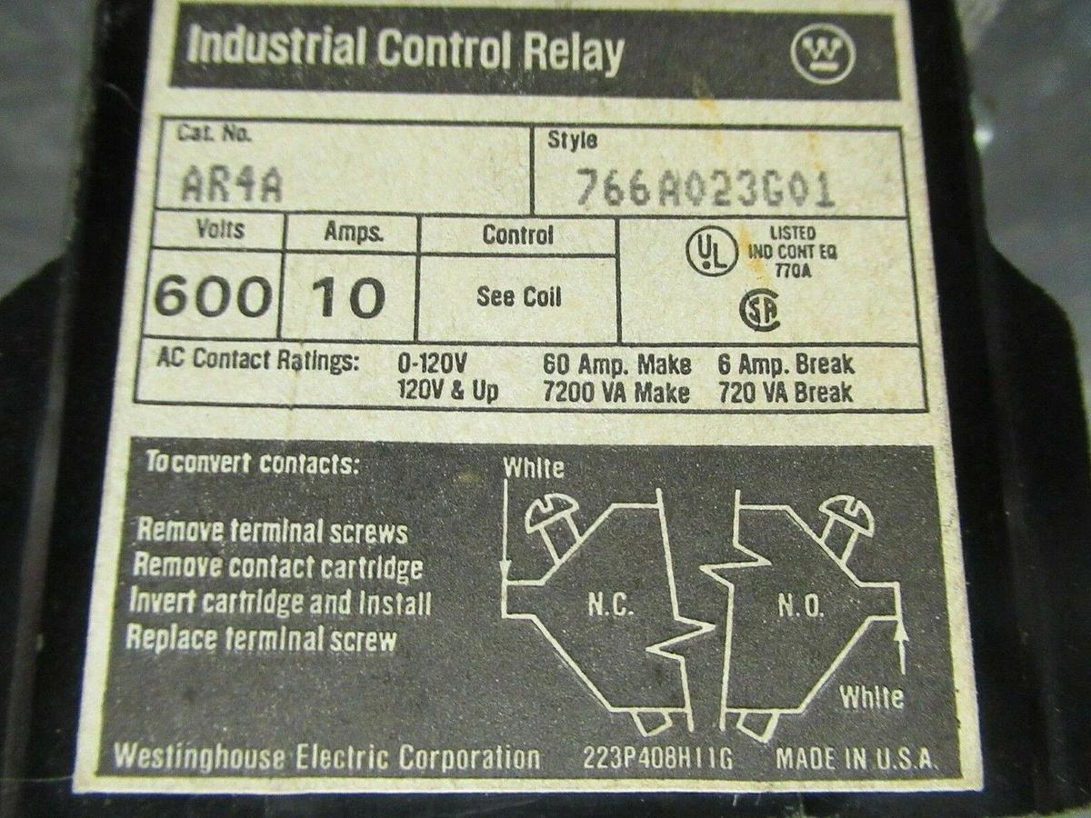 Used 10 AMP WESTINGHOUSE INDUSTRIAL CONTROL RELAY AR4A 600 VAC 766A023G01 120 V COIL