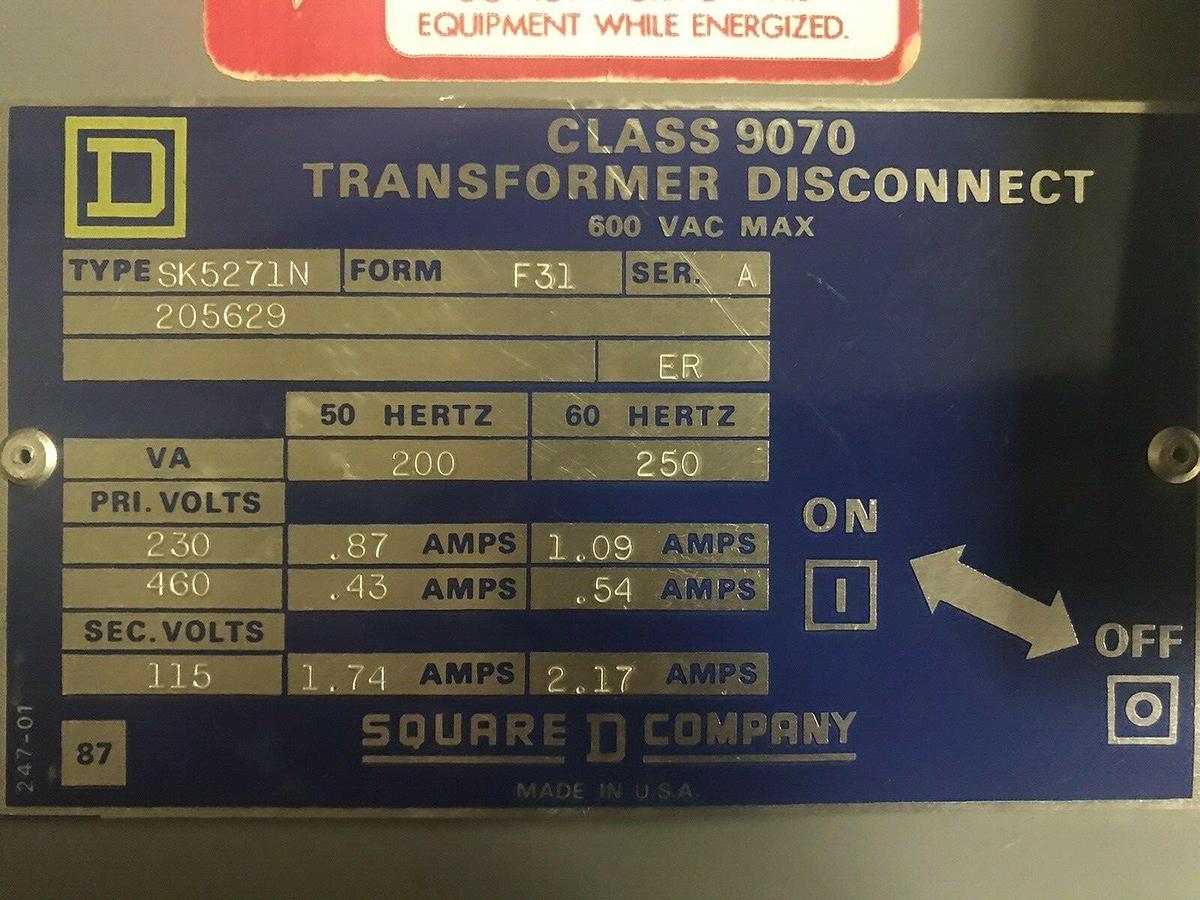 Used SQUARE D CLASS 9070 TRANSFORMER DISCONNECT 250 VA SK5271N SER. A W/ ENCLOSURE