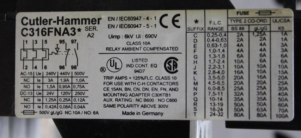 Used CUTLER HAMMER OVERLOAD RELAY C316FNA3* SER. A2