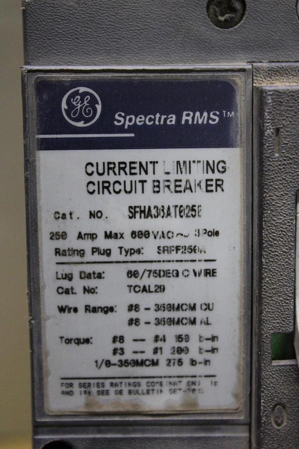Used GE HI-BREAK CIRCUIT BREAKER SFHA36AT0250 225 AMP TRIP 600 VAC 3-POLE