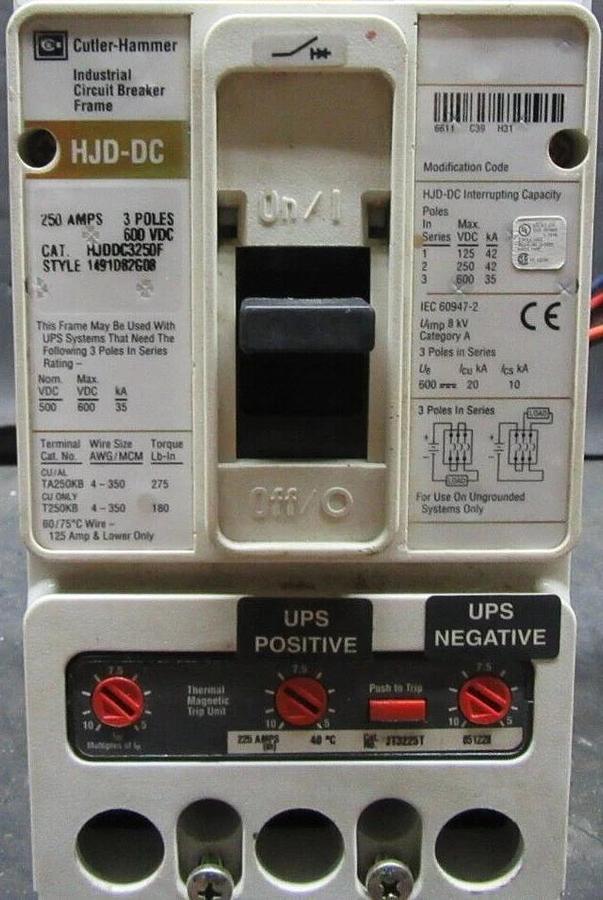Used CUTLER HAMMER DC CIRCUIT BREAKER HJDD3250F 225 AMP TRIP 250 AMP FRAME 600 VDC