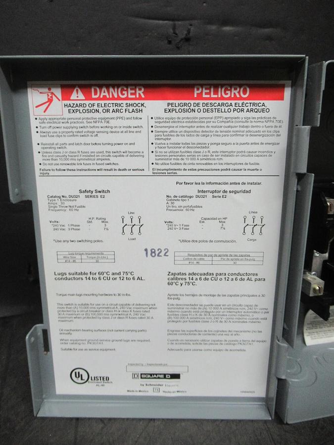 NEW SURPLUS SQUARE D SAFETY SWITCH DU321 30 AMP 240 VAC 7.5 HP 3-PHASE 3-POLE