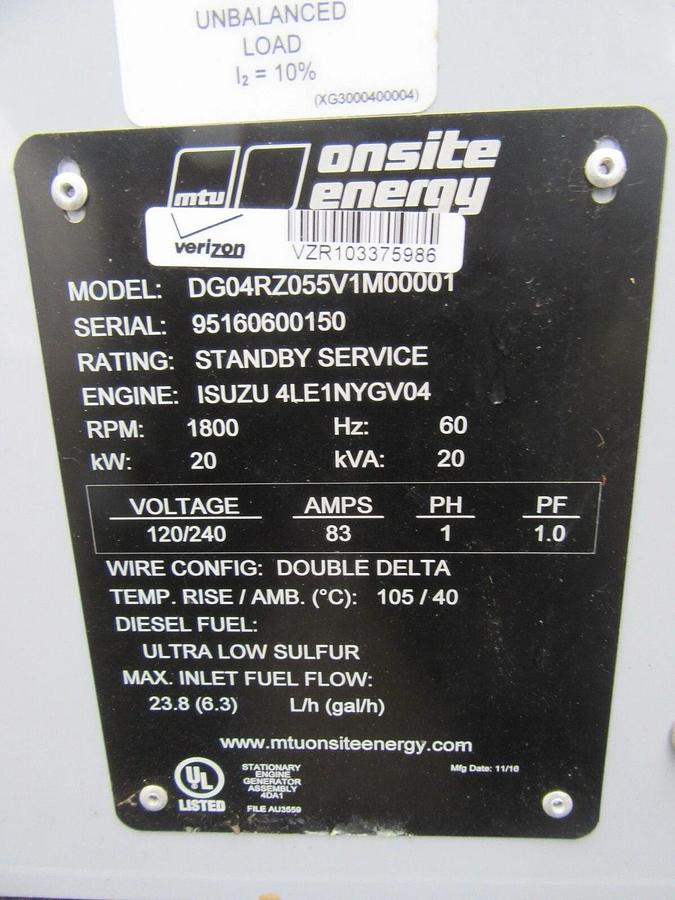 Used 20 KW DIESEL GENERATOR ISUZU MTU 2016 176 HRS 120/240 VOLT 1 PH SOUND ENCLOSED