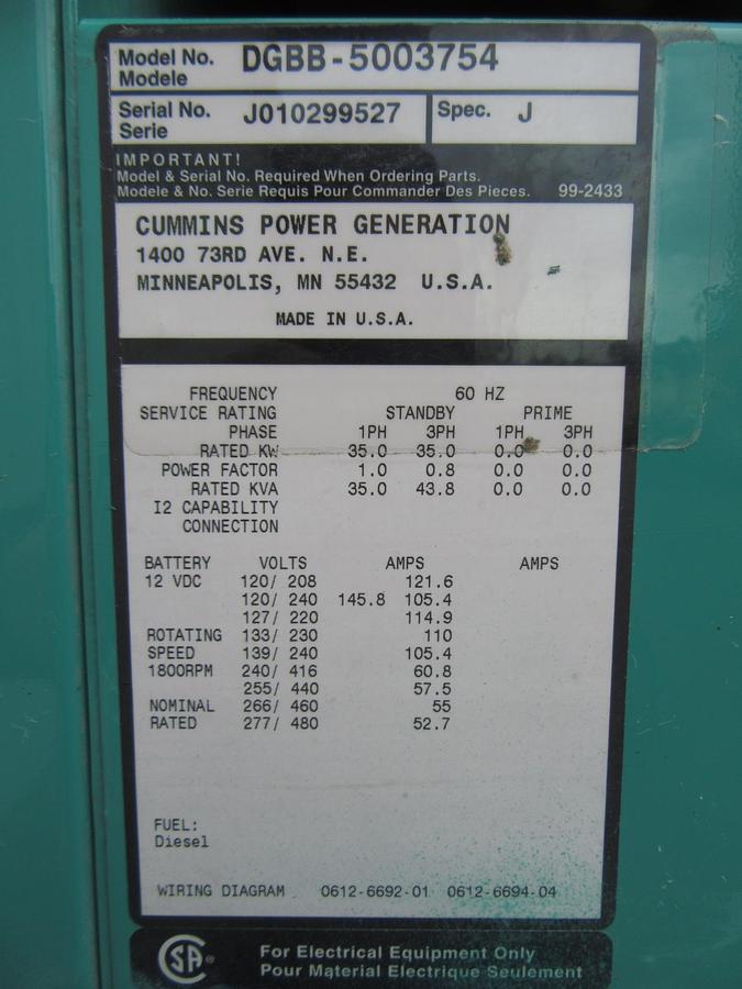Used 35 KW DIESEL GENERATOR CUMMINS 120/240V B3.9-G2 RECONNECTABLE VIDEO WE SHIP