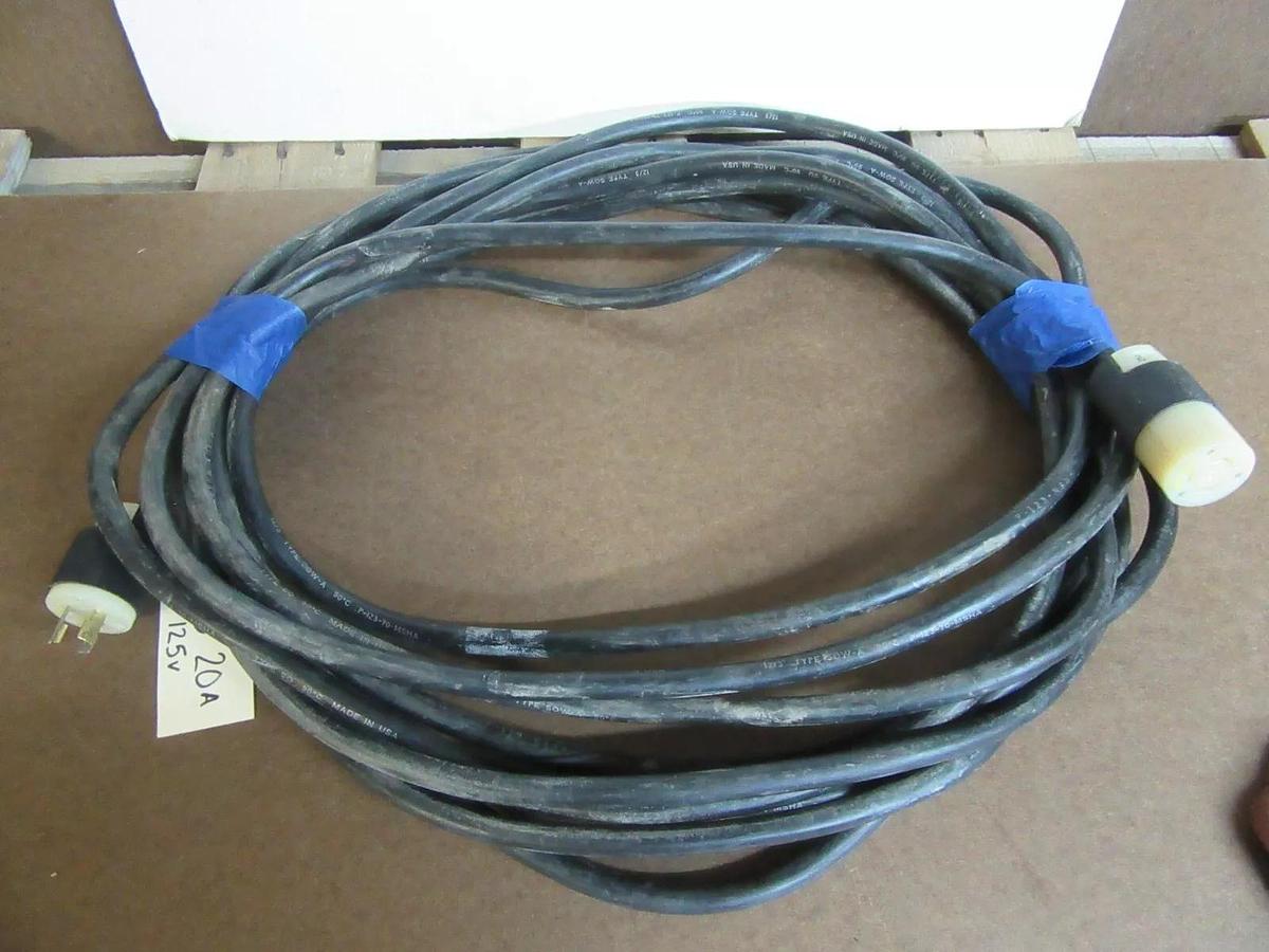 Used 50' SO 12/3 POWER CORD WIRE W/ 20 A 120 V 1 PH HUBBELL TWIST-LOCK PLUGS SOW-A