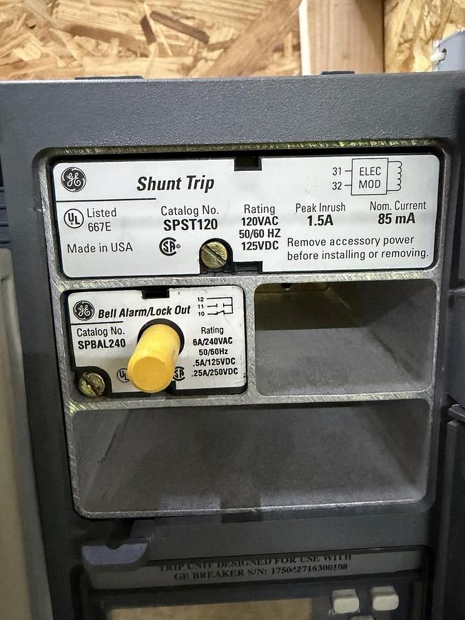 Used GE SSD08B208 800 AMP BREAKER MICRO VERSA TRIP LSI SHUNT BELL ALARM W/ PAPERWORK