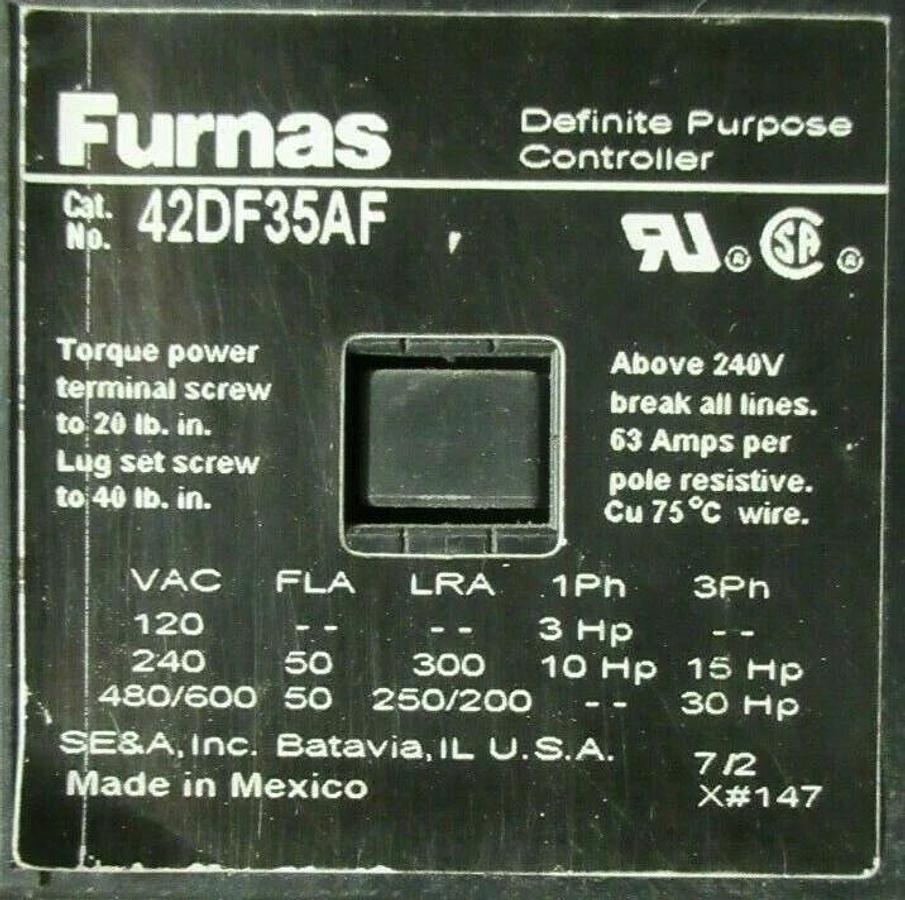 Used FURNAS 50 AMP CONTACTOR 42DF35AF  600 VAC COIL: 120 VAC 30 HP