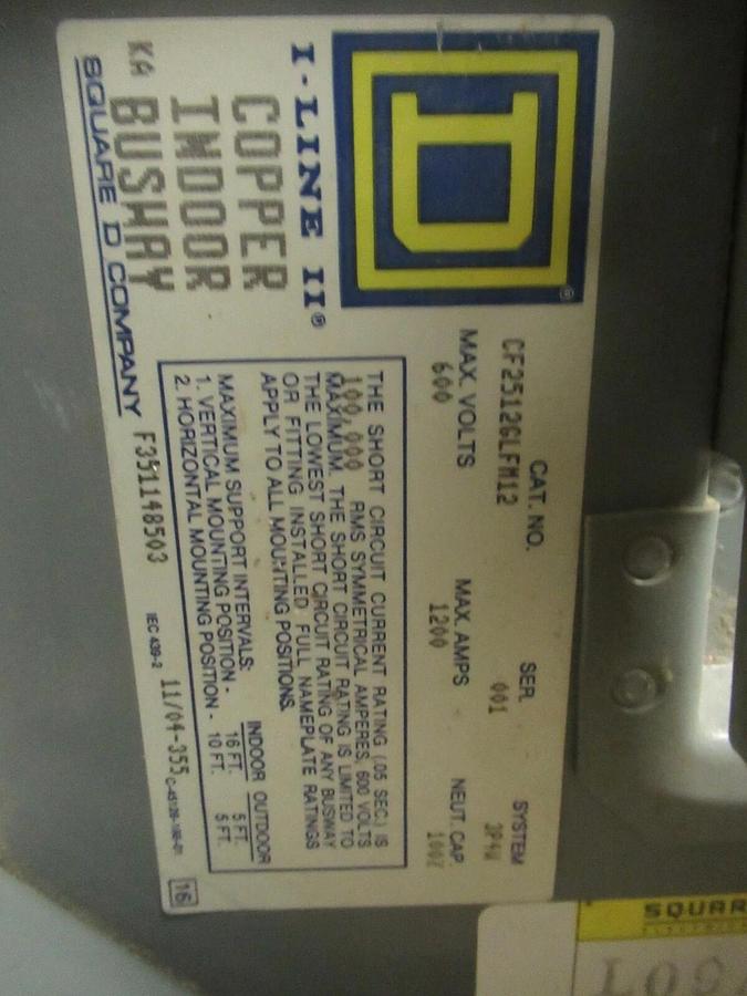 Used 1200 AMP SQUARE D CF2512GLFM12 3 PH 4 W 600 V BUSWAY ELBOW CORNER COPPER I-LINE