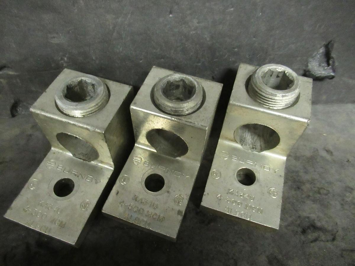 Used (3) QTY BURNDY KA34U 1 (SINGLE) BARREL MECHANICAL CONNECTOR LUG TAP 500 MCM - 4