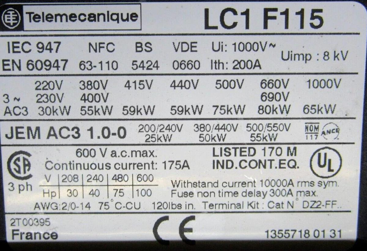 Used TELEMECANIQUE CONTACTOR LC1F115 175 AMP 600 VAC 3-PHASE 100 HP **WARRANTY**