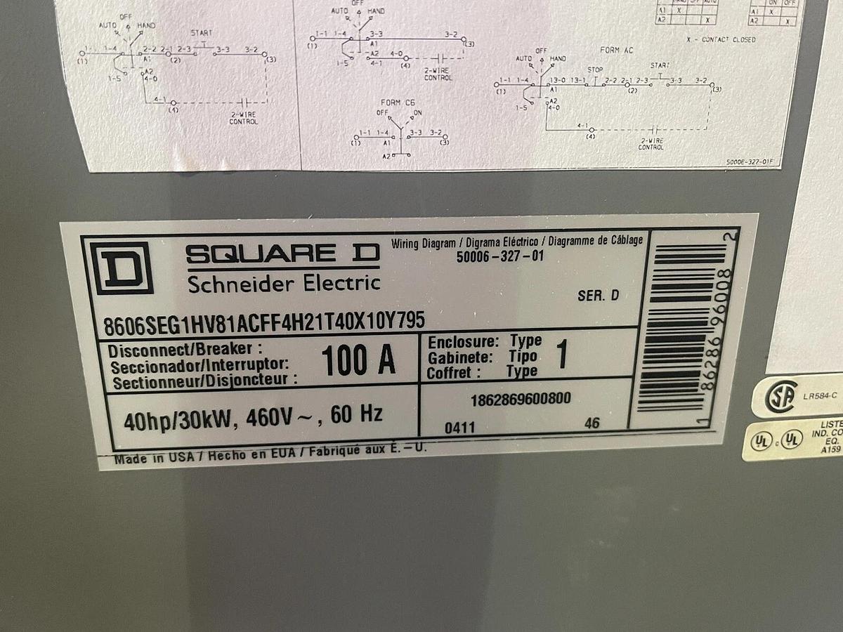 Used 40 HP SQUARE D REDUCED VOLTAGE STARTER 100 AMP SIZE 3 460 VOLT 8606SEG1HV81ACFF
