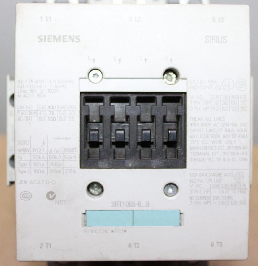 Used SIEMENS CONTACTOR 3RT1055-6...6 600 VAC 195 AMP 3-PHASE 150 HP COIL: 120 VAC