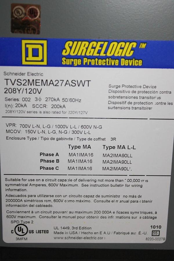 Used SQUARE D SURGELOGIC SURGE PROTECTOR TVS2MEMA27ASWT 3-PHASE ENCLOSURE 3R