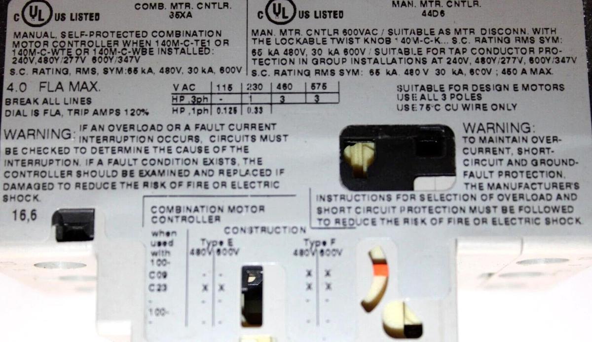 Used ALLEN BRADLEY MANUAL MOTOR STARTER 140M-D8E-B40 600 VAC 4 AMP 3 HP 3-PHASE