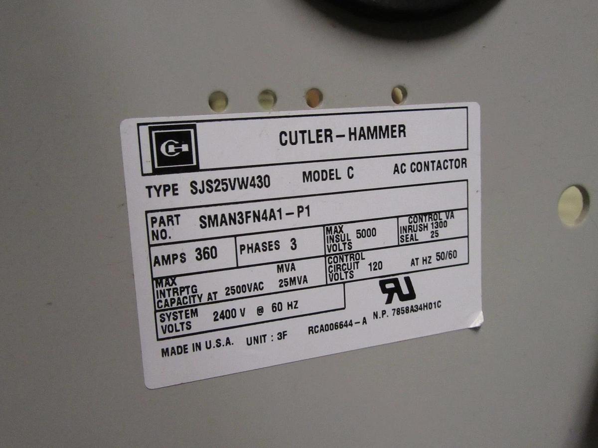 Used CUTLER-HAMMER AMPGARD MEDIUM VOLTAGE CONTACTOR SJS25VW430 2400V 360A COIL: 120V