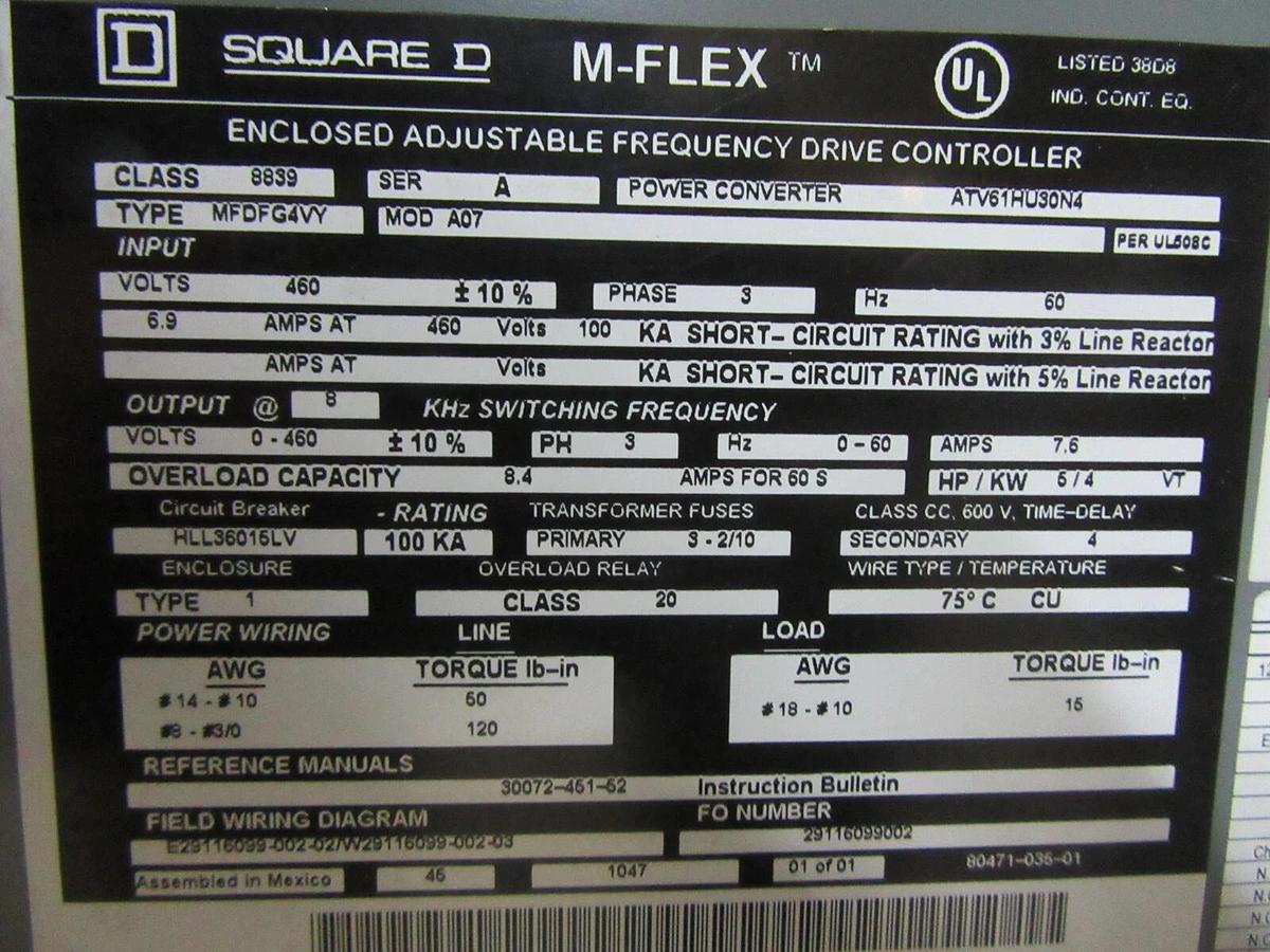 Used SQUARE D M-FLEX VARIABLE SPEED DRIVE MFDFG4VY ATV61HU30N4 5 HP 4 KW 460 VOLT