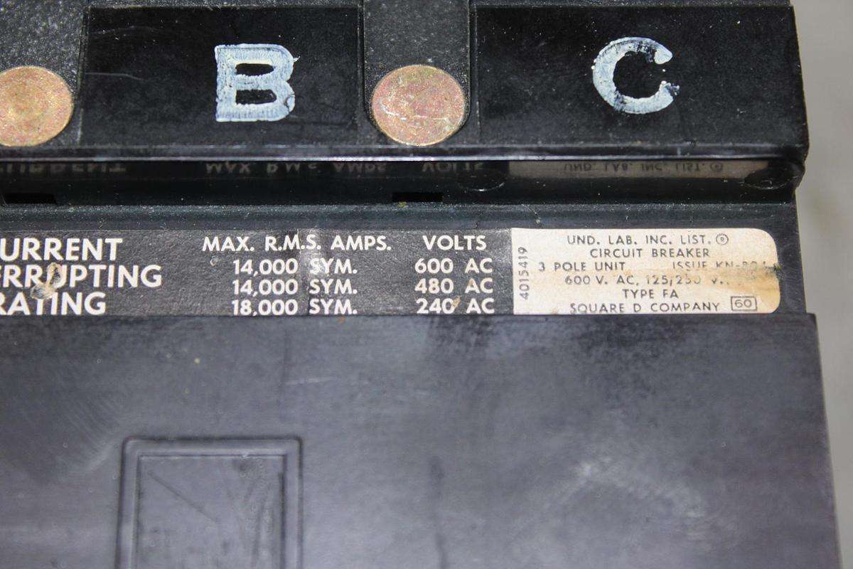 Used SQUARE D I-LINE CIRCUIT BREAKER FH36020 20 AMP 600 VAC 3-POLE