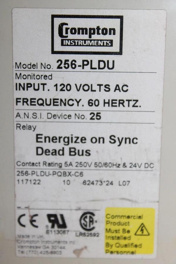 Used CROMPTON INSTRUMENTS TRANSDUCER PTOTECTOR RELAY 256-PLDU-PQBX-C6 120 VAC