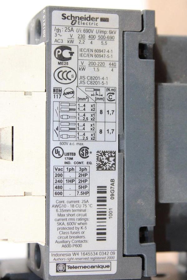 Used SCHNEIDER STARTER LC1D09 25 AMP 600 VAC 7.5 HP W/ LRD-08 *WARRANTY*