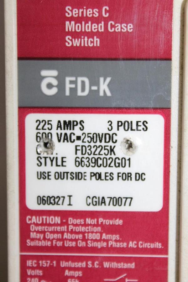 Used CUTLER HAMMER MOLDED CASE SWITCH FD3225K 225 AMP 600 VAC 3-POLE **WARRANTY**