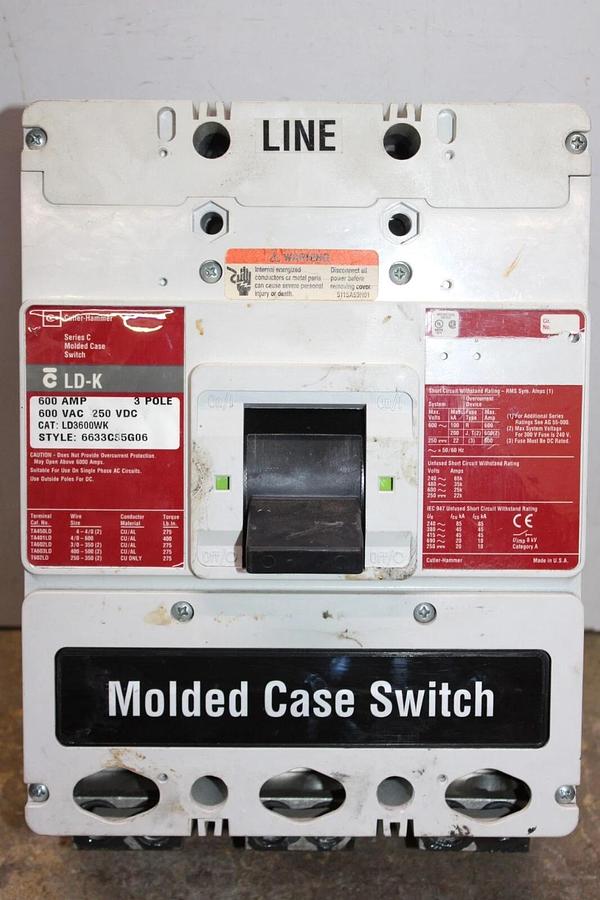 Used CUTLER HAMMER MOLDED CASE SWITCH LD3600WK 600 AMP 600 VAC 3-POLE *WARRANTY*