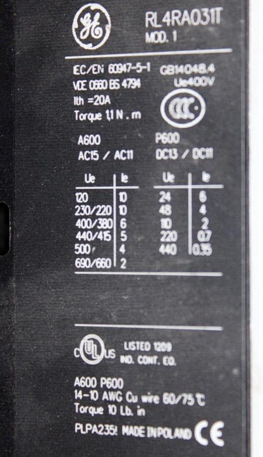 Used GENERAL ELECTRIC CONTACTOR RL4RA031T 20A 600V W/ BTLF30D 0.1-30 SEC TIME DELAY