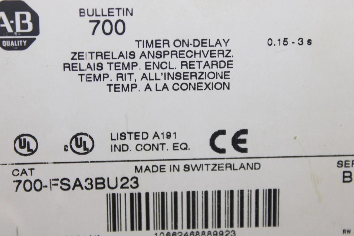 Used ALLEN BRADLEY TIME DELAY RELAY 700-FSA3BU23 240 VAC 24 VDC 0.15-3 SECOND