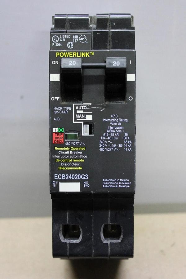 Used SQUARE D POWERLINK CIRCUIT BREAKER ECB24020G3 20 AMP 480/277 VAC 2-POLE