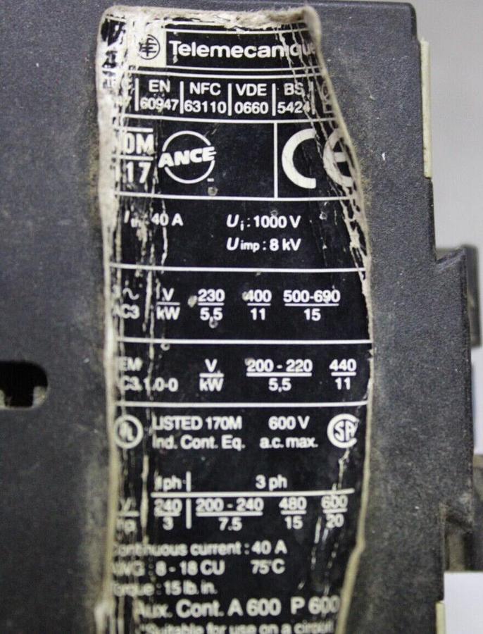 Used TELEMECANIQUE CONTACTOR LC1D2510 40 AMP 600 VAC 20 HP COIL: 120V *WARRANTY*