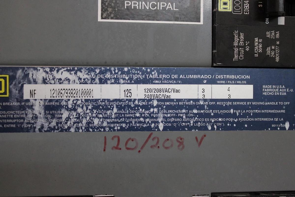 Used SQUARE D TYPE 1 NF MAIN SERVICE PANEL 12106793820100001 125 AMP 30-SLOT 240V