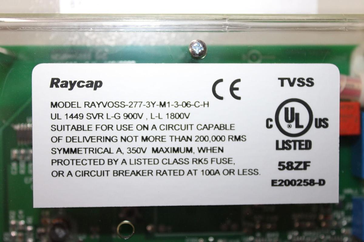 Used RAYCAP TRANSIENT VOLTAGE SUPPRESSOR RAYVOSS-277-3Y-M1-3-06-C-H 100 AMP