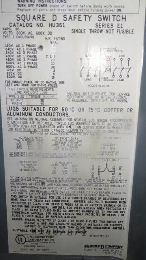 Used SQUARE D 30 AMP 600 VOLT NON-FUSIBLE DISCONNECT HU361 SAFETY SWITCH