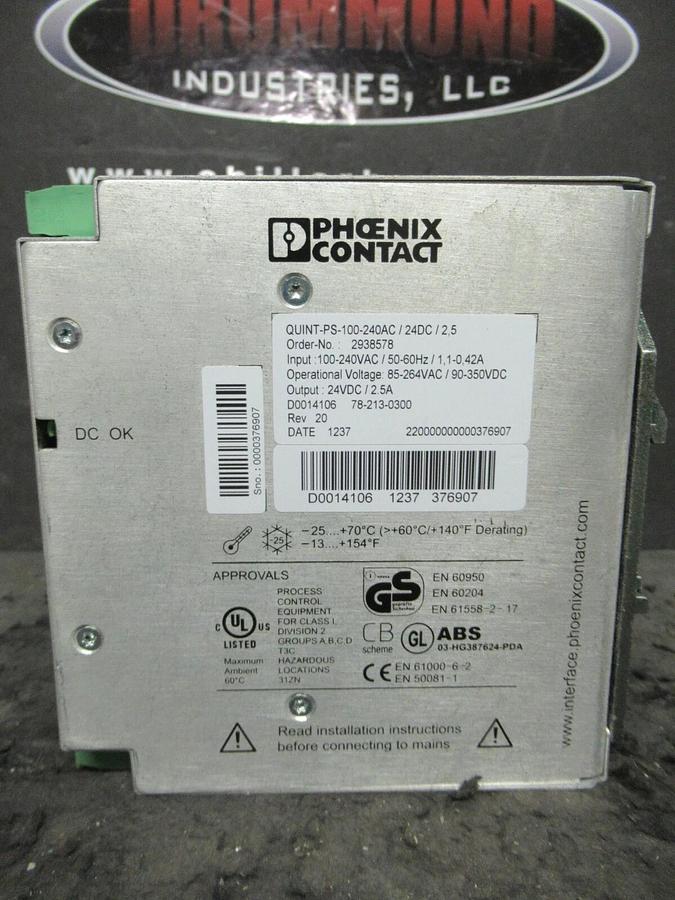 Used PHOENIX CONTACT QUINT-PS-100-240AC QUINT POWER POWER SUPPLY 24 VDC 100-240 VAC