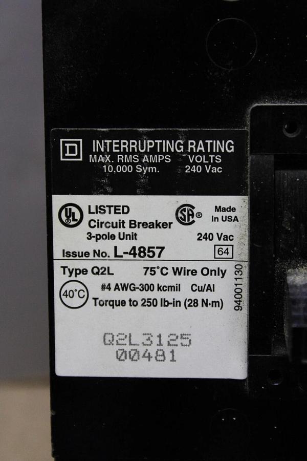 Used SQUARE D CIRCUIT BREAKER Q2L3125 3-POLE 240 VAC 125 AMP **WARRANTY**